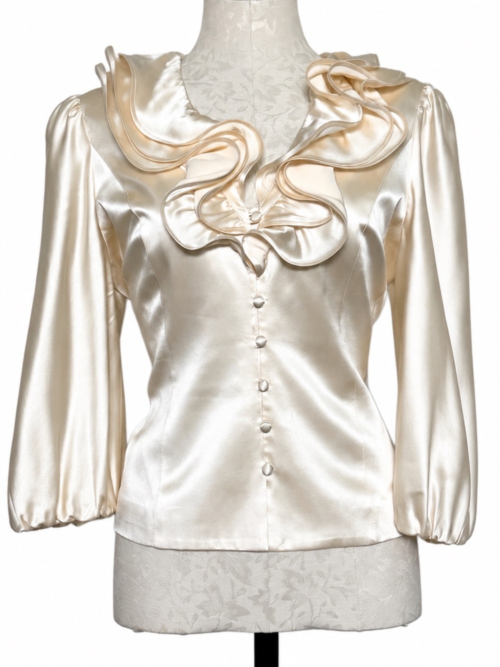 Rickie Freeman for Teri Jon 100% Silk Champagne Ruffle Blouse Size 12 Elegant